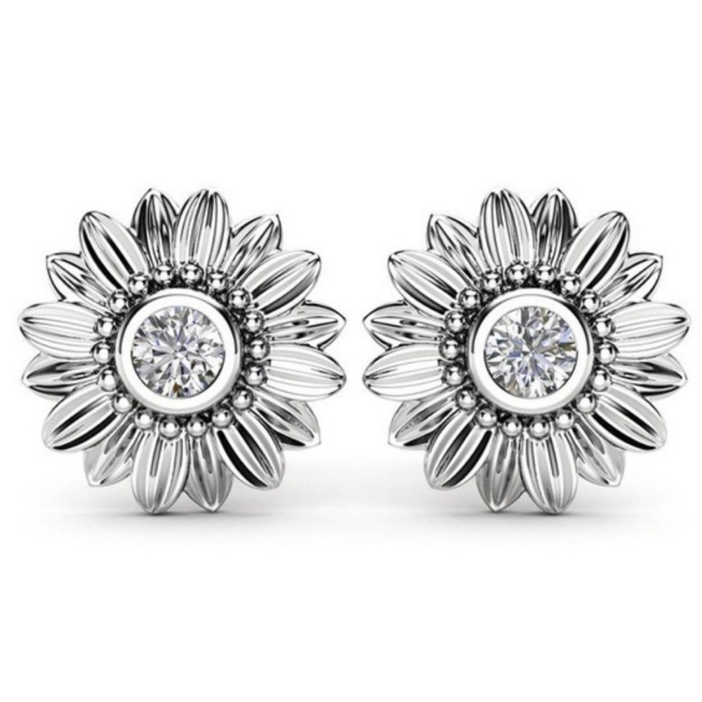 STERLING SILVER DIAMOND SUNFLOWER STUD EARRINGS - Picture 1 of 2